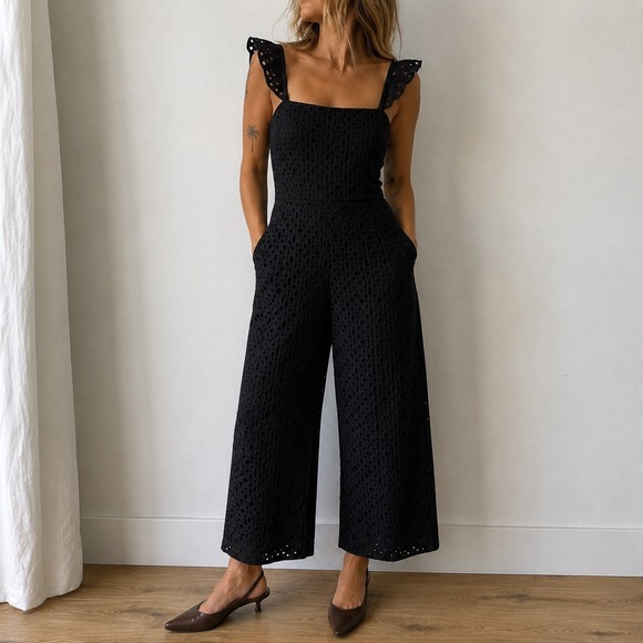 J. Crew Factory Pants - J. Crew Kasana Black Embroidered Eyelet Ruffle Strap Jumpsuit Size 8 Coastal